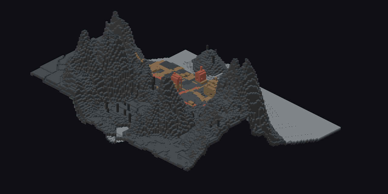 An isometric voxel valley with a small town, coloured by the era each voxel was laid in